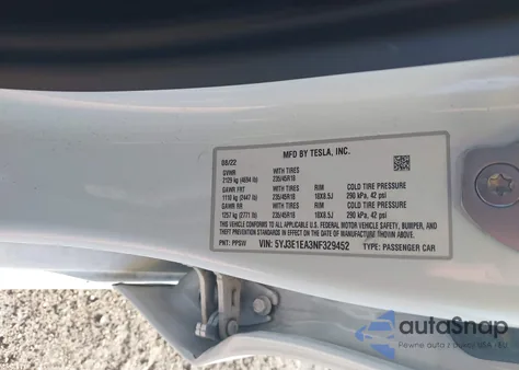 2022 Tesla Model 3 Rear-Wheel Drive from USA, damaged, VIN 5YJ3E1EA3NF329452